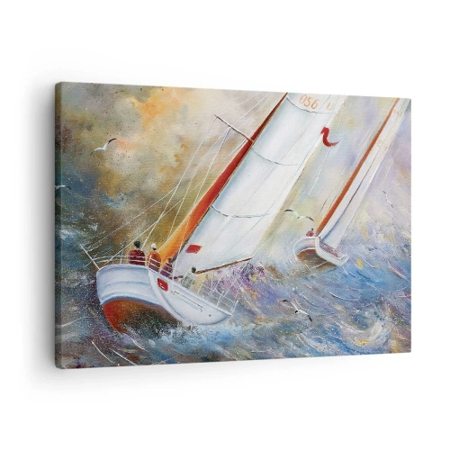 Obraz na płótnie - Żaglówki na wzburzonych falach w dynamicznej kompozycji - 70x50cm - Biegnące po falach - Nowoczesna dekoracja ścienna do salonu i sypialni ARTTOR