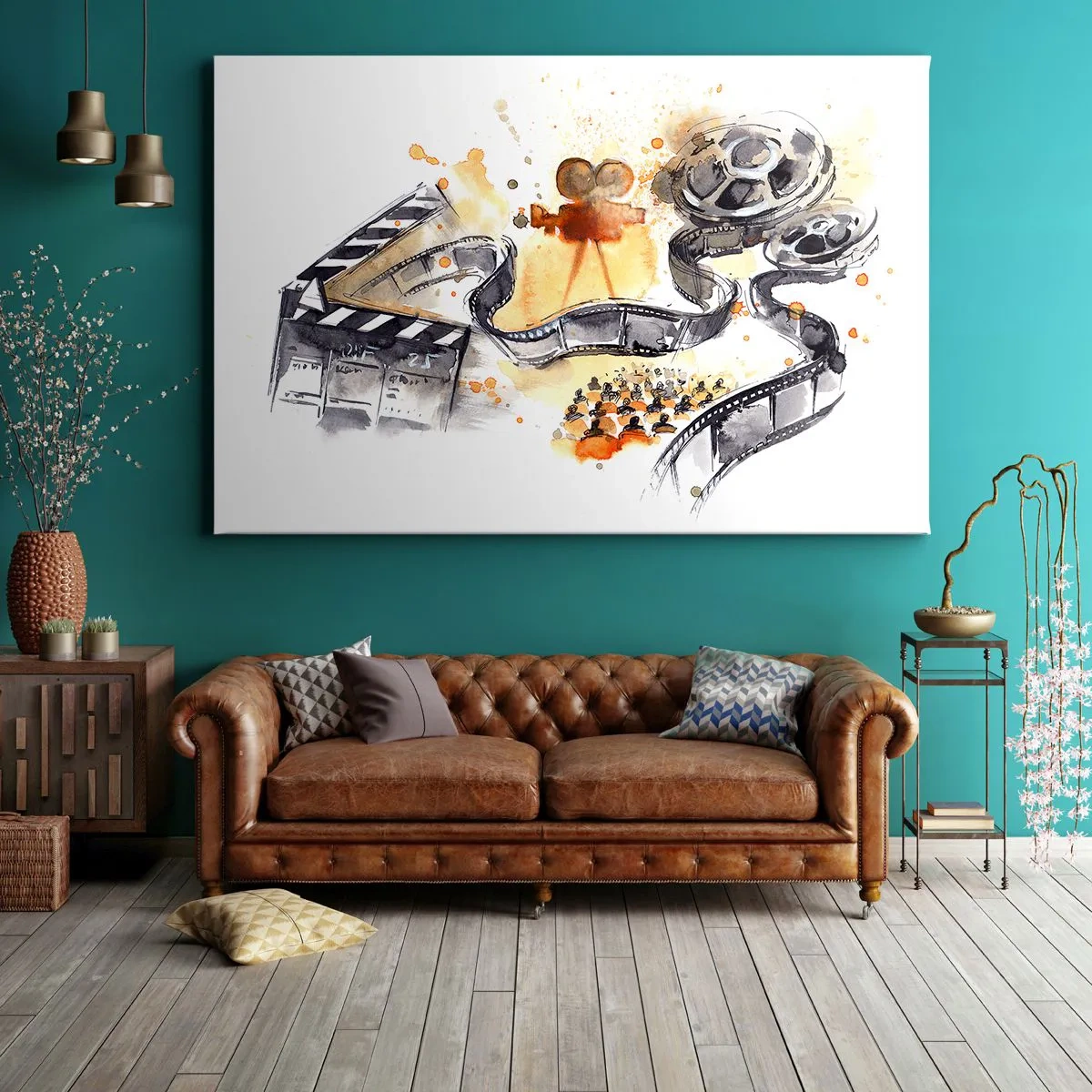 Obraz na płótnie - Symbolika kina z filmową taśmą w artystycznej akwareli - 120x80cm - W krainie snów - Nowoczesna dekoracja ścienna do salonu, kuchni i sypialni ARTTOR