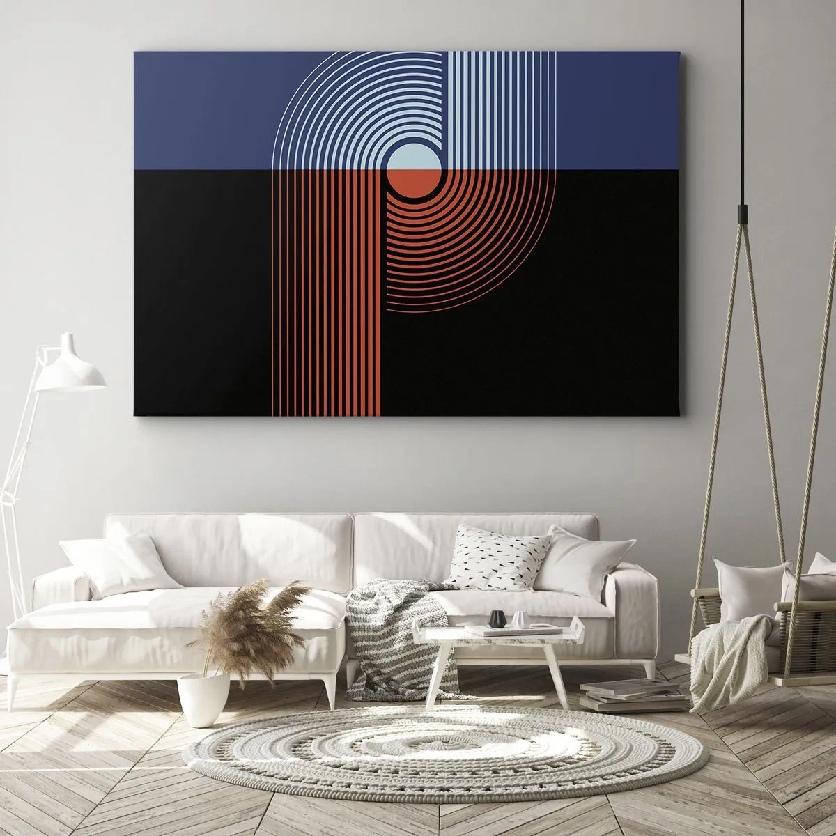 Obraz na płótnie - Geometryczna abstrakcja z liniami w kolorach granatu i pomarańczu - 70x50cm - W geometrycznym uścisku - Nowoczesna dekoracja ścienna do salonu i sypialni ARTTOR