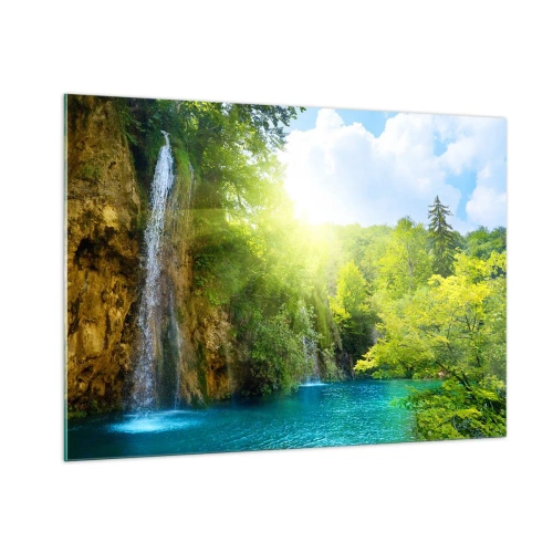 Obraz na szkle - Wodospad wpadający do błękitnego jeziora otoczonego zielenią - 100x70cm - To musi być Eden - Nowoczesna dekoracja ścienna do salonu, kuchni i sypialni ARTTOR