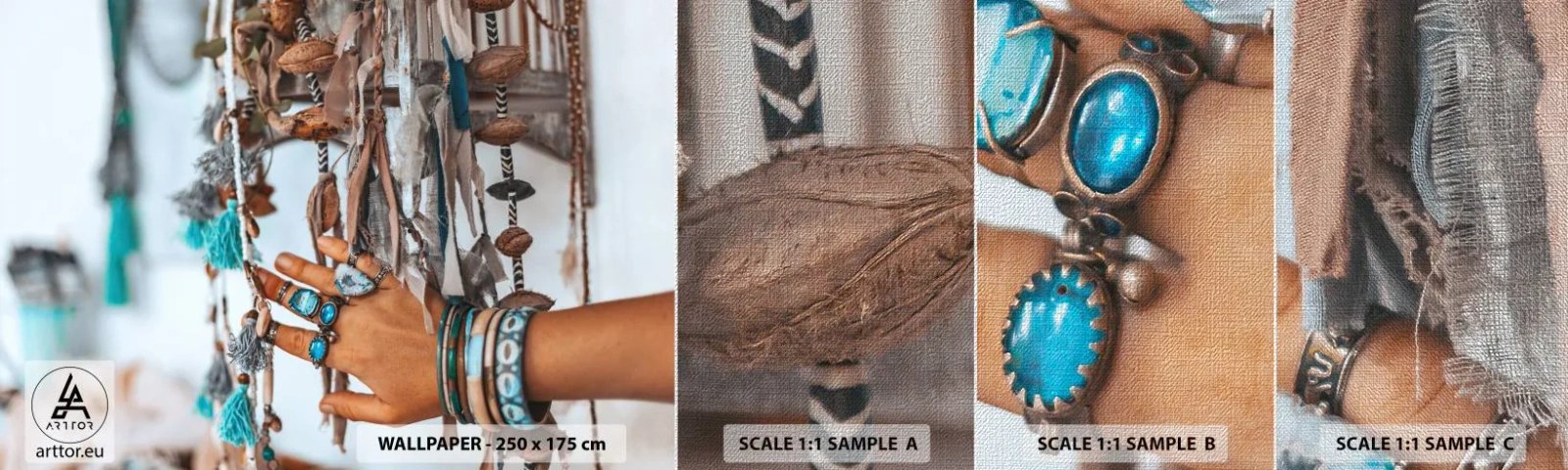 Fototapeta Próbka Premium Canvas - Lokalne skarby - Kobieca Dłoń, Biżuteria, Boho - 100x30 cm