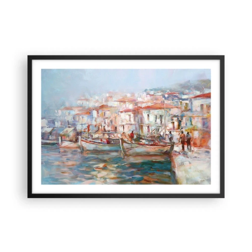 Plakat w czarnej ramie - Impresja portowa z łodziami i budynkami - 70x50cm - Pastelowe wakacje - Nowoczesna dekoracja ścienna do salonu i sypialni ARTTOR