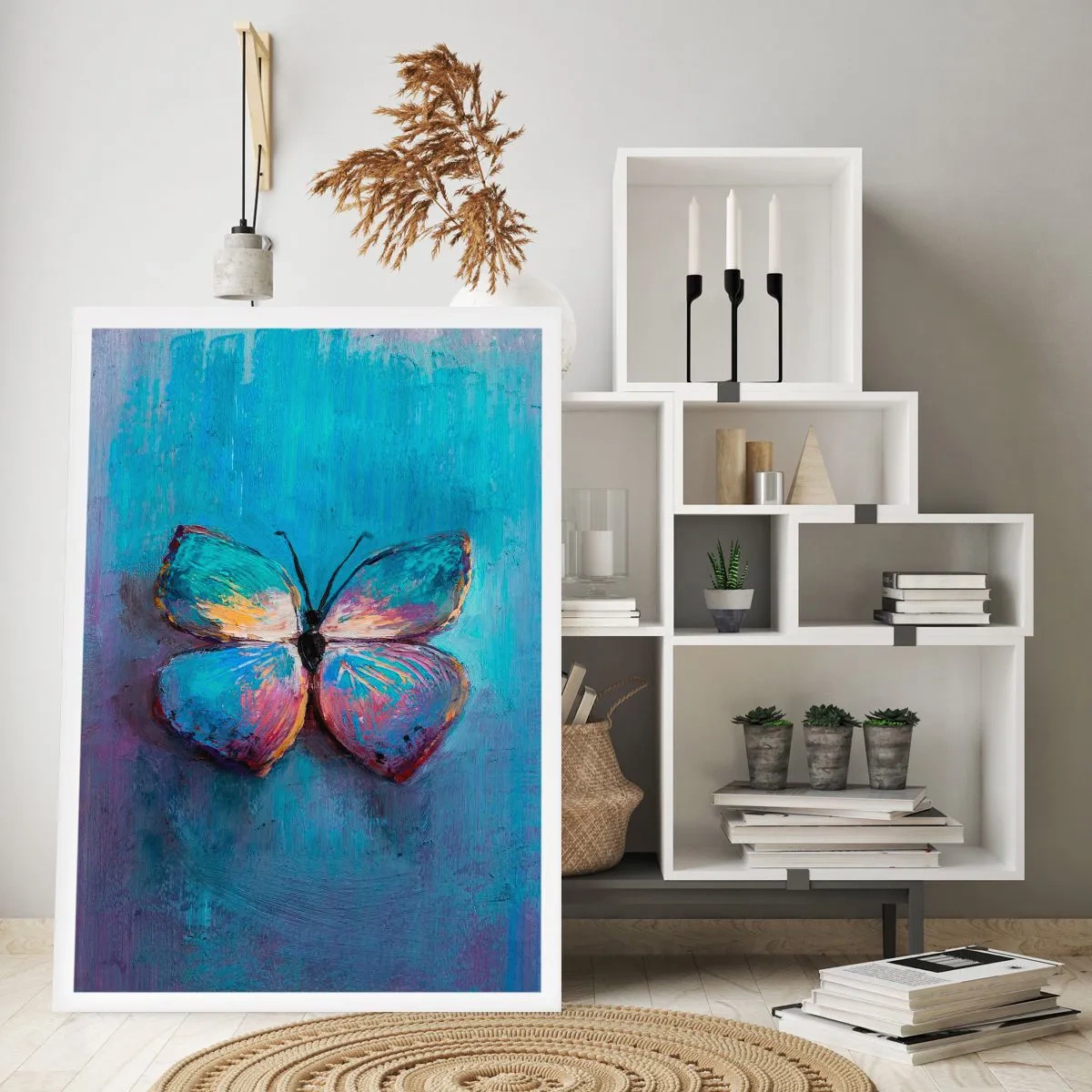 Plakat - Motyl w intensywnych barwach na niebieskim tle - 50x70cm - W pełnej krasie - Nowoczesna dekoracja ścienna do salonu, kuchni i sypialni ARTTOR