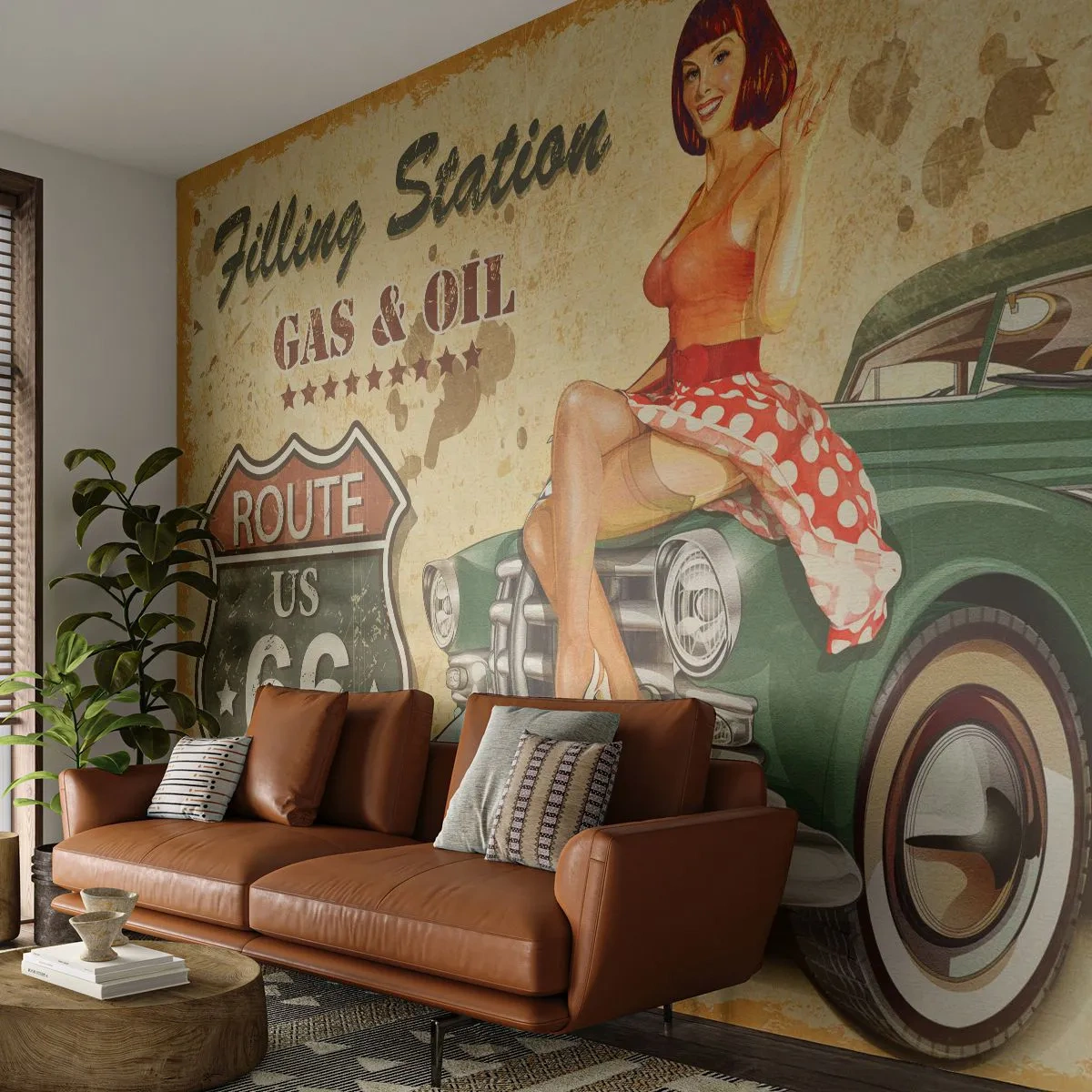 Fototapeta Premium Canvas - Wspaniałe lata 40. - Droga 66, Samochód, Motoryzacja - 250x175 cm