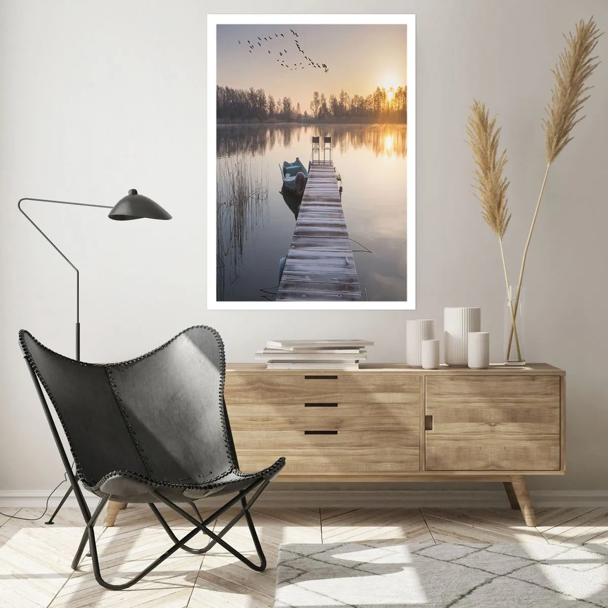 Plakat - Pomost nad jeziorem o wschodzie słońca - 50x70cm - Wrócę za jakiś czas - Nowoczesna dekoracja ścienna do salonu, kuchni i sypialni ARTTOR