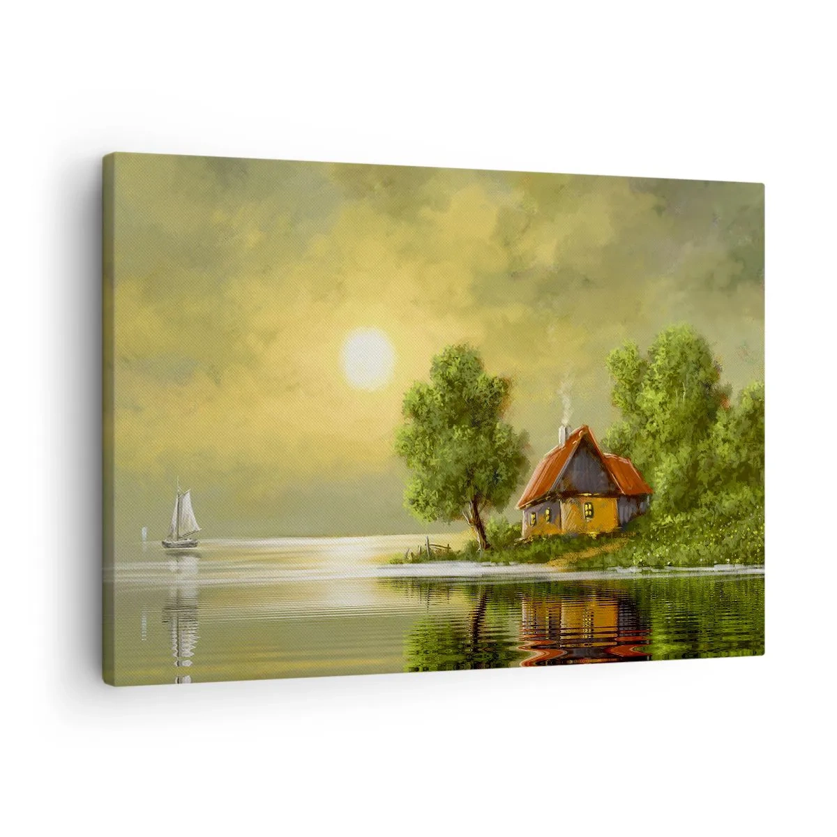 Obraz na płótnie - Dom nad jeziorem w świetle zachodzącego słońca - 70x50cm - Pięknie, jak z obrazka - Nowoczesna dekoracja ścienna do salonu i sypialni ARTTOR