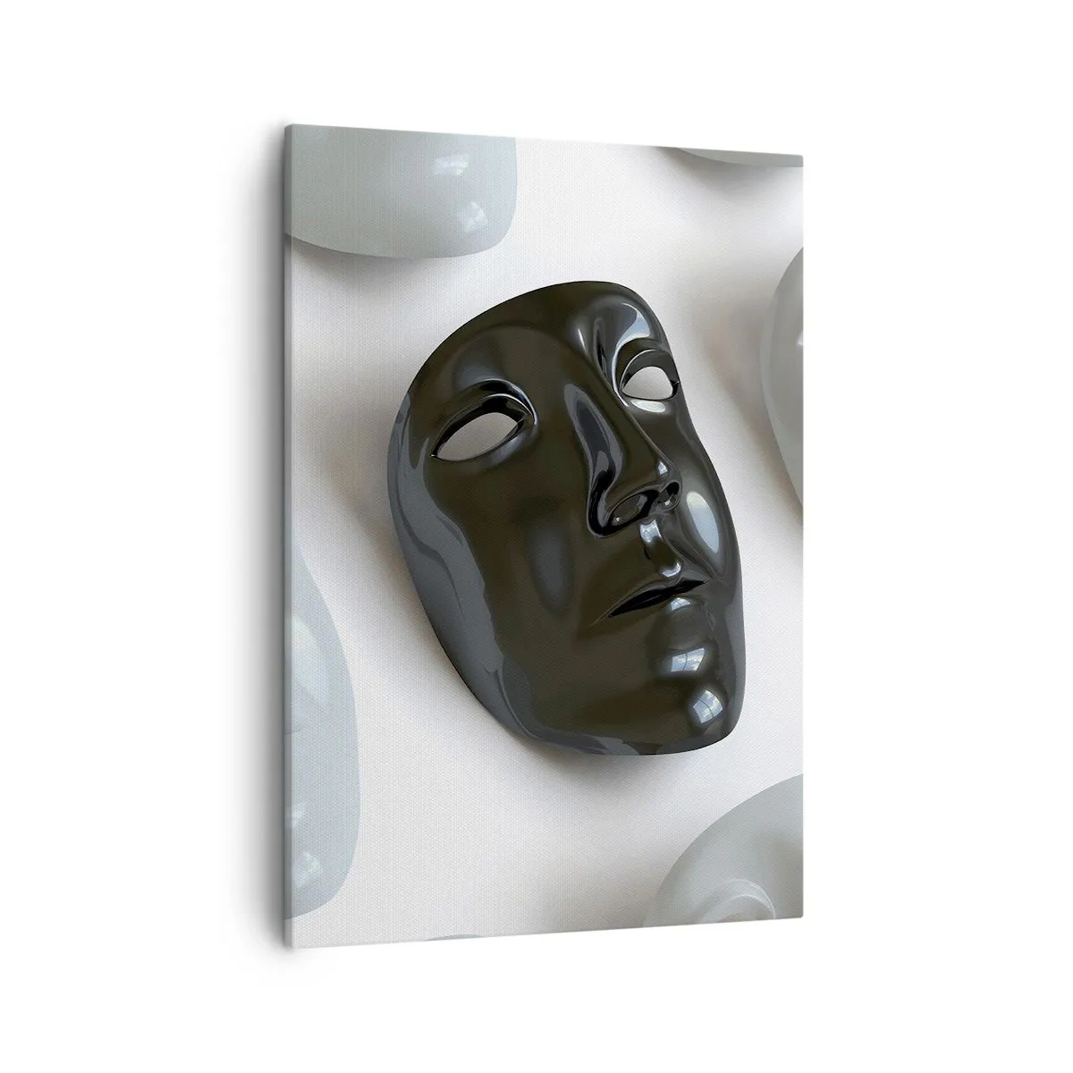 Obraz na płótnie - Czarna maska na tle białych masek - 50x70cm - Jak się wyróżnić? - Nowoczesna dekoracja ścienna do salonu, kuchni i sypialni ARTTOR