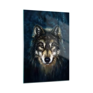 Obraz na szkle - Wilk na tle ciemnego, leśnego tła w realistycznym stylu - 50x70cm - Alfa? I omega - Nowoczesna dekoracja ścienna do salonu, kuchni i sypialni ARTTOR