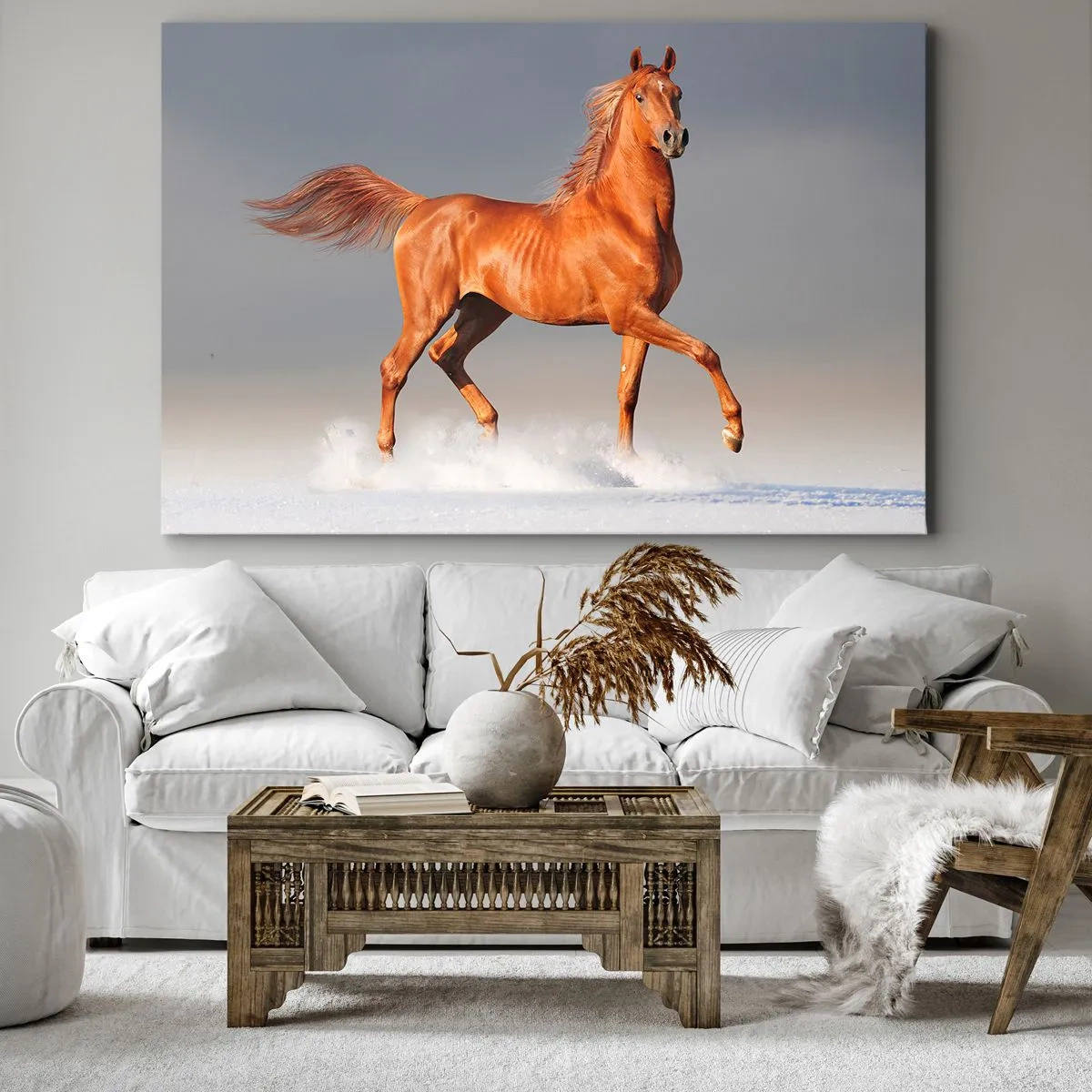 Obraz na płótnie - Galopujący koń na tle błękitnego nieba - 70x50cm - Tańcząca gracja - Nowoczesna dekoracja ścienna do salonu i sypialni ARTTOR