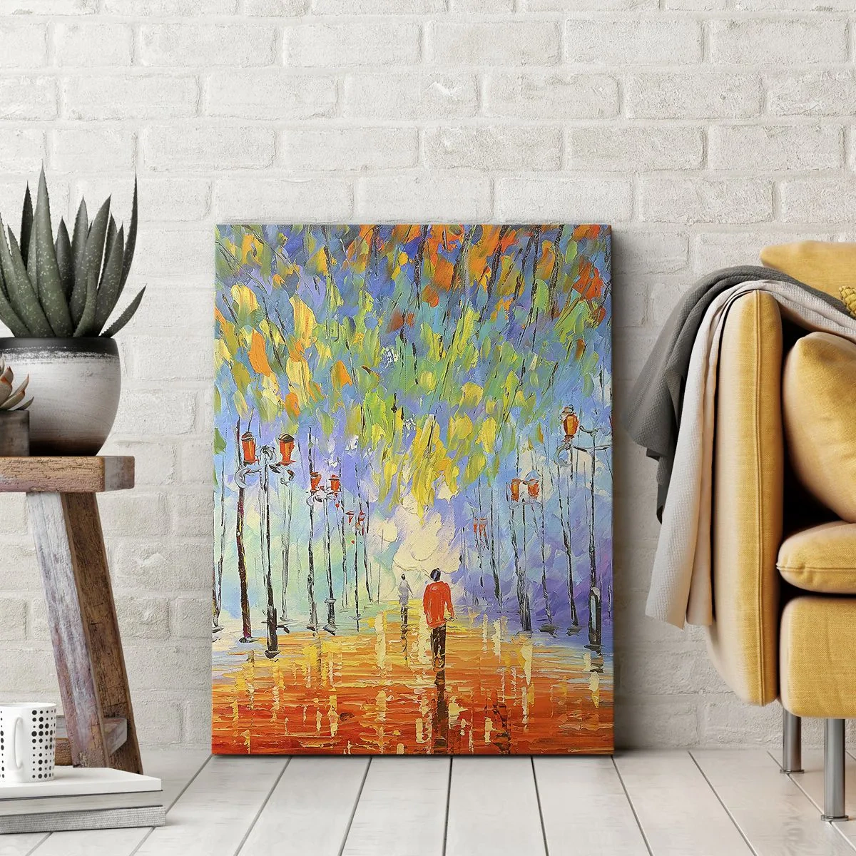 Obraz na płótnie - Nocna piosenka deszczu - Kolorowy pejzaż z alejką i latarniami - 50x70cm