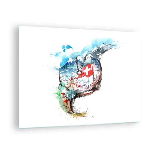 Obraz na szkle - Akwarela szwajcarskiego krajobrazu z flagą i zegarkiem - 70x50cm - Duch Szwajcarii - Nowoczesna dekoracja ścienna do salonu i sypialni ARTTOR