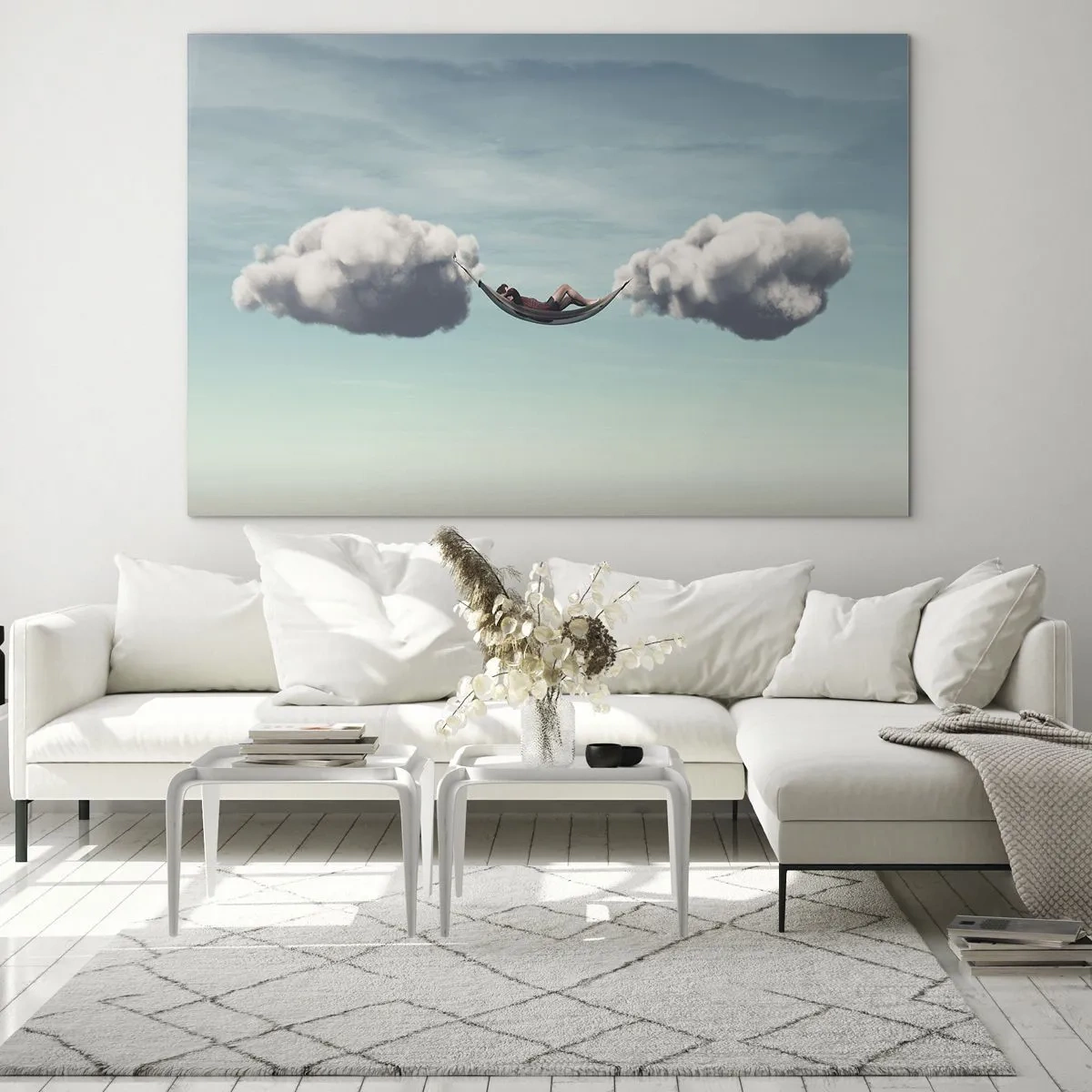 Obraz na szkle - Hamaki z chmur w błękitnym niebie - 70x50cm - Błogość chwili - Nowoczesna dekoracja ścienna do salonu i sypialni ARTTOR