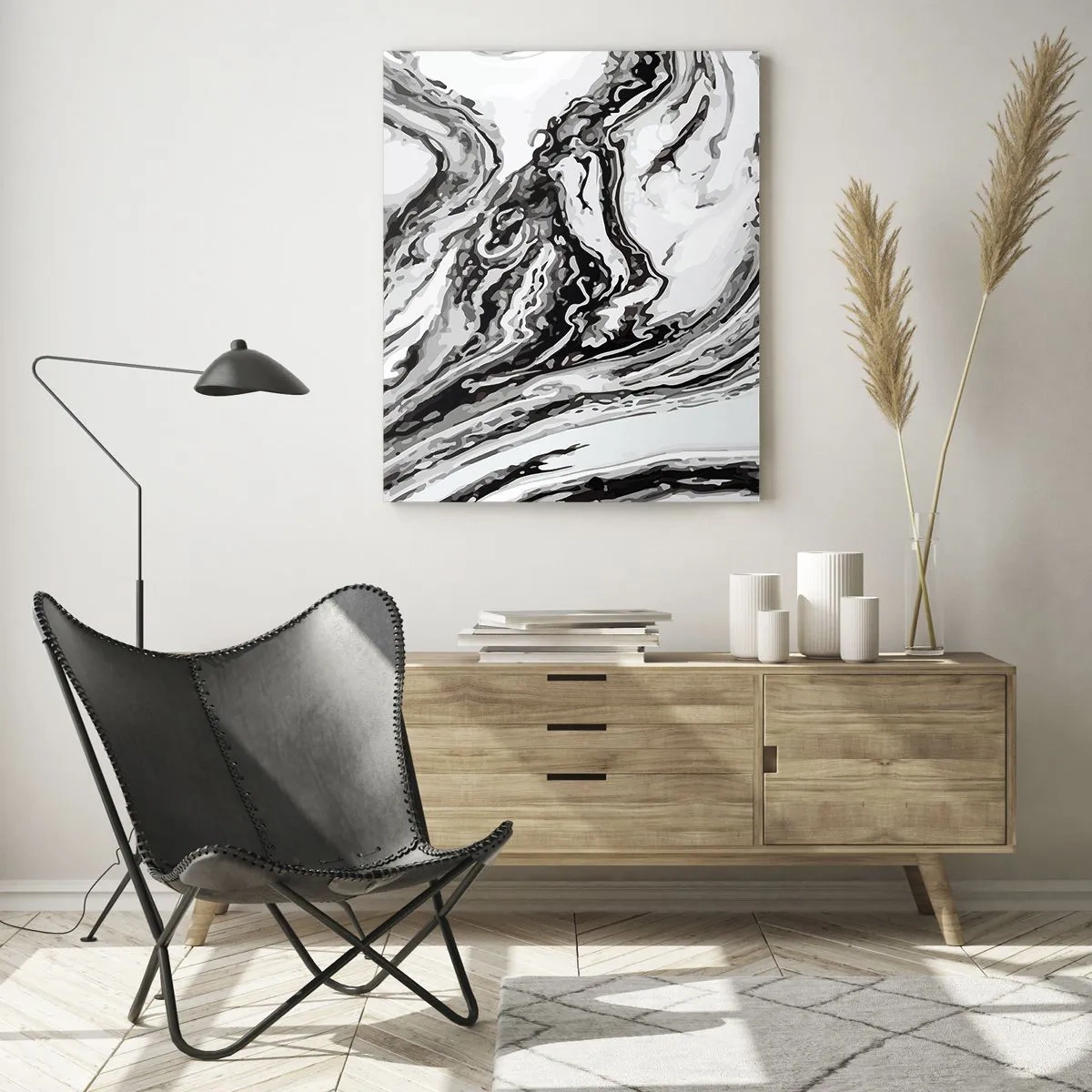 Obraz na szkle - Abstrakcyjny wzór w odcieniach czerni i bieli przypominający fale - 50x70cm - Na poczatku był chaos - Nowoczesna dekoracja ścienna do salonu, kuchni i sypialni ARTTOR