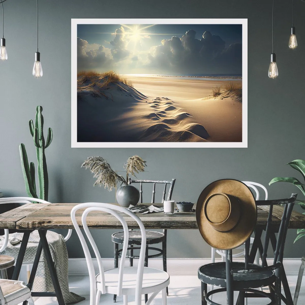 Plakat - Złote wydmy na plaży o zachodzie słońca z widokiem na morze - 100x70cm - Kojący pejzaż - Nowoczesna dekoracja ścienna do salonu i sypialni ARTTOR