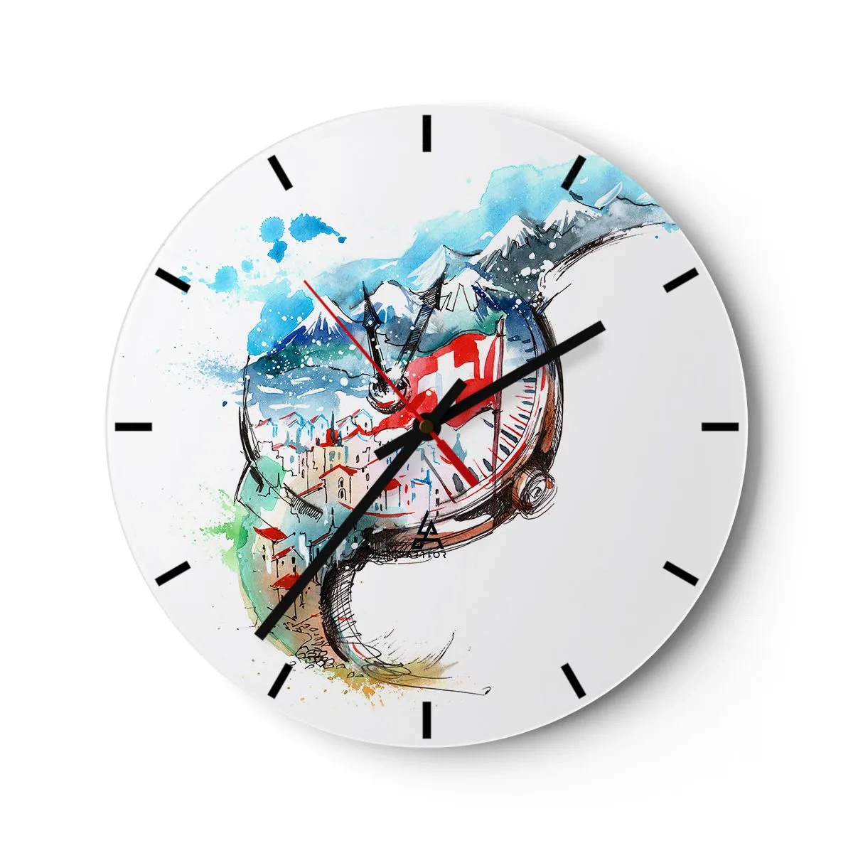 Zegar ścienny - Szwajcarski krajobraz z górami, flagą i malowniczymi domkami w akwarelowym stylu - 30x30cm - Duch Szwajcarii - Nowoczesna dekoracja ścienna do salonu, kuchni i sypialni ARTTOR