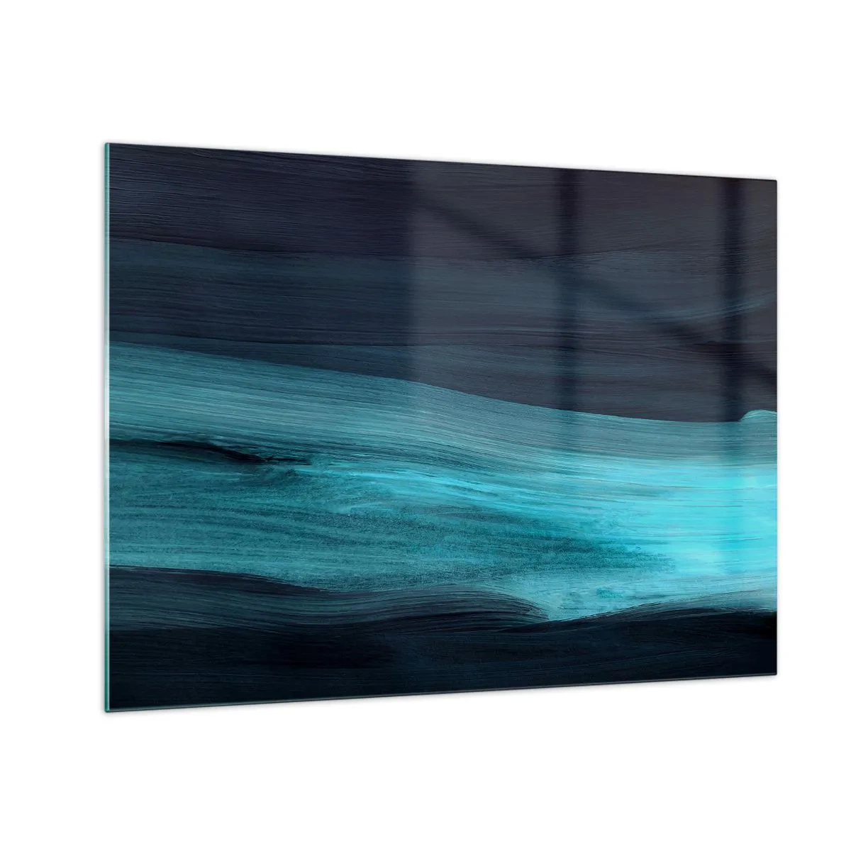 Obraz na szkle - Abstrakcyjna fala w odcieniach turkusu i granatu - 70x50cm - Popłyń z nurtem - Nowoczesna dekoracja ścienna do salonu i sypialni ARTTOR