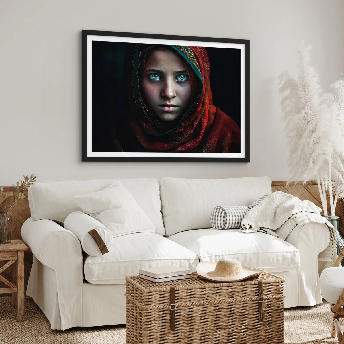 Plakat w czarnej ramie - Portret kobiety z intensywnym spojrzeniem w ciepłych barwach - 70x50cm - Wschodnia księżniczka - Nowoczesna dekoracja ścienna do salonu i sypialni ARTTOR