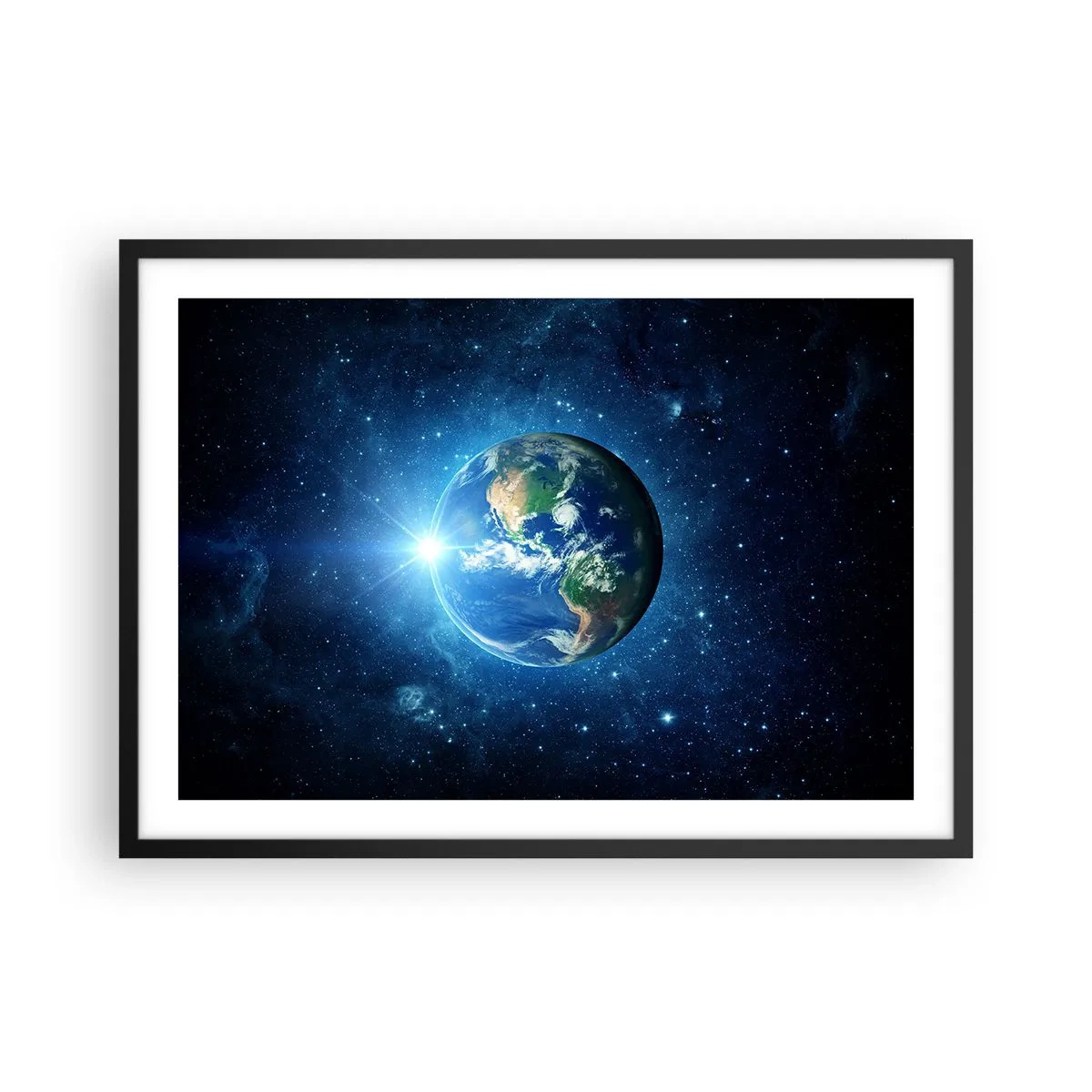Plakat w czarnej ramie - Ziemia w kosmosie otoczona gwiazdami i światłem - 70x50cm - Jesteśmy w niebie - Nowoczesna dekoracja ścienna do salonu i sypialni ARTTOR