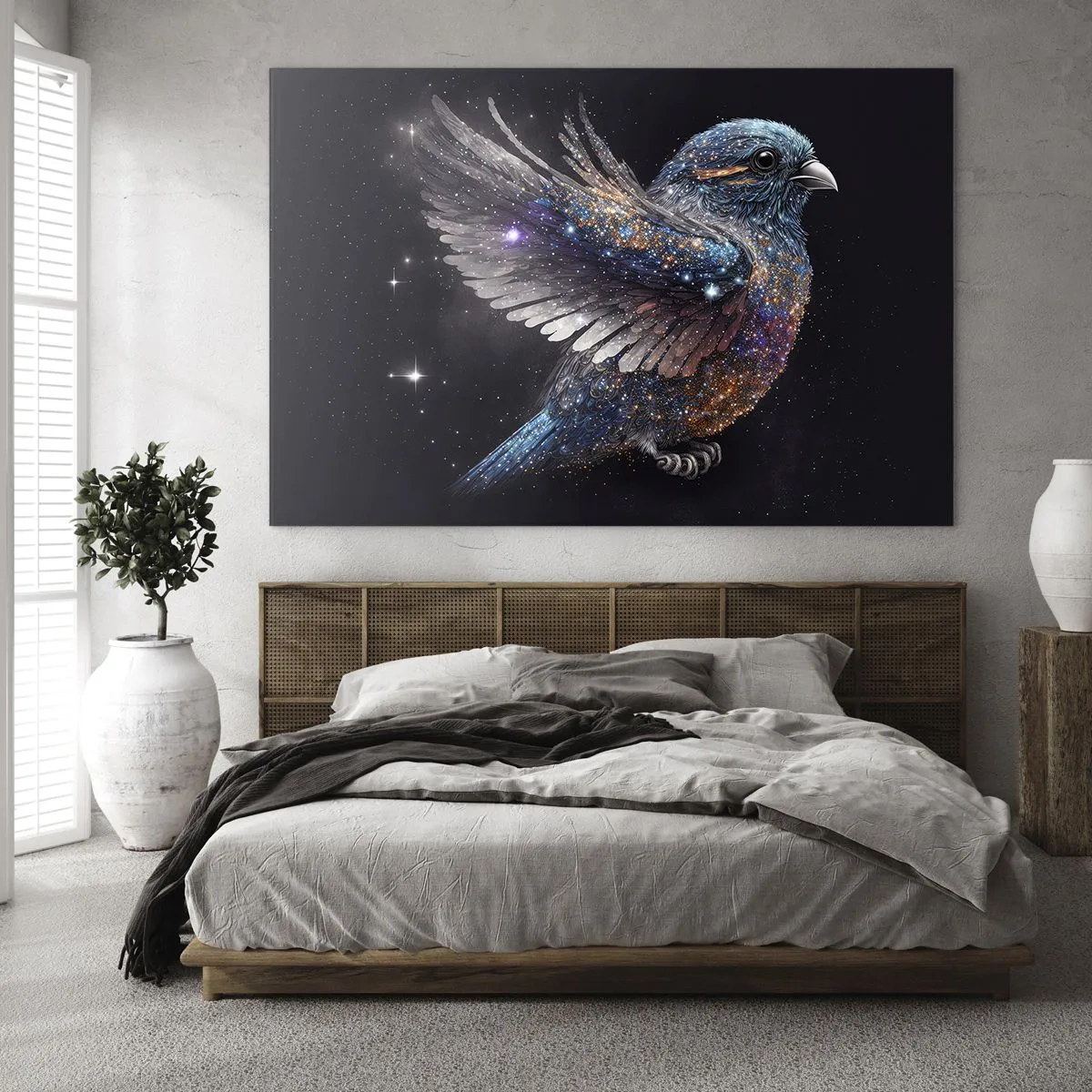 Obraz na szkle - Kosmiczny wróbel z diamentowym blaskiem - 70x50cm - Diamentowy wróbel - Nowoczesna dekoracja ścienna do salonu i sypialni ARTTOR