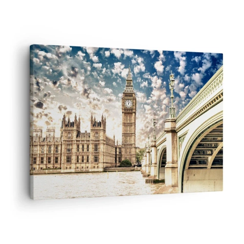 Obraz na płótnie - Big Ben i Westminster Bridge oświetlone słońcem w Londynie - 70x50cm - Pierzaste obłoki nad  Tamizą - Nowoczesna dekoracja ścienna do salonu i sypialni ARTTOR