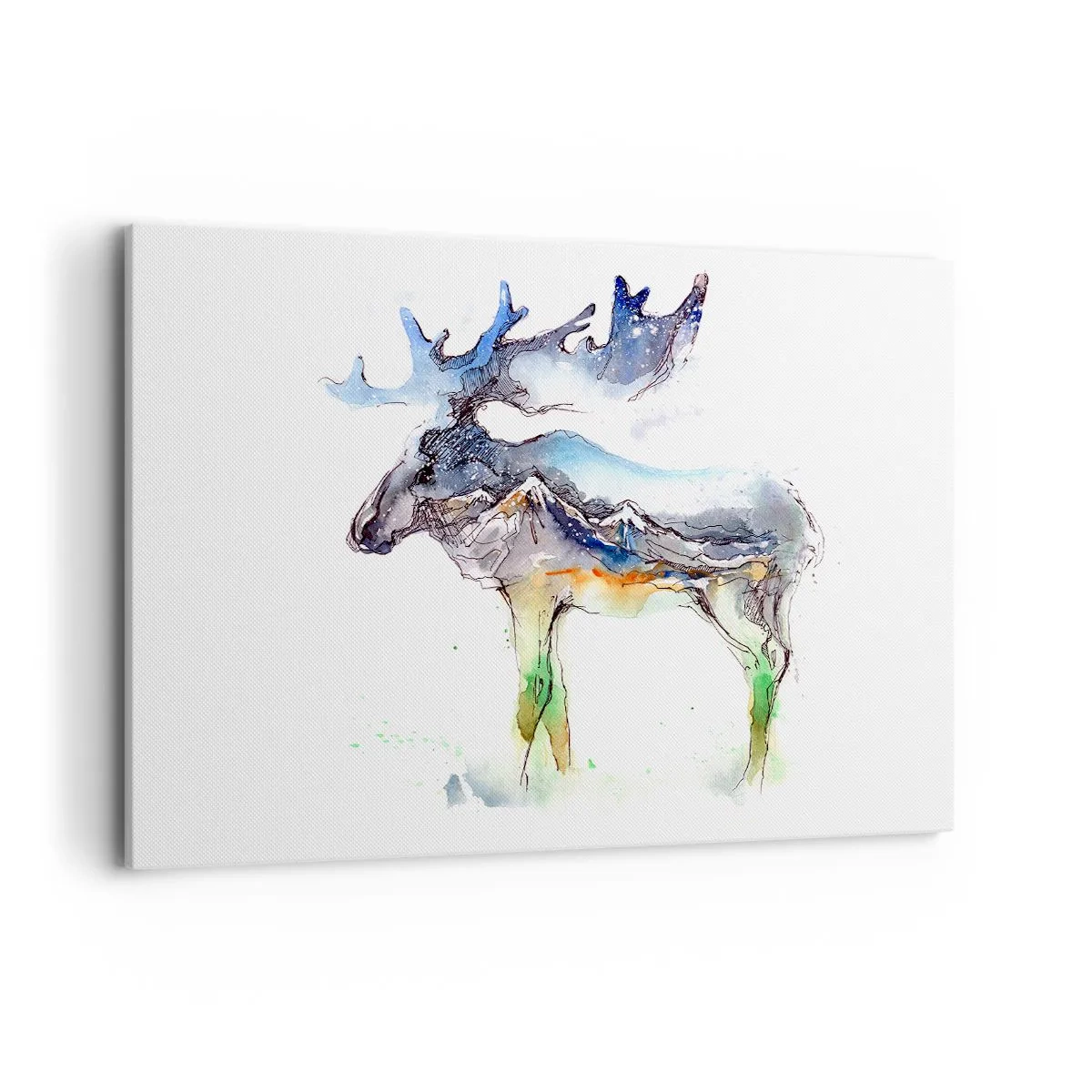 Obraz na płótnie - Akwarelowa sylwetka łosia z górskim pejzażem - 120x80cm - Bohater zimowej opowieści - Nowoczesna dekoracja ścienna do salonu, kuchni i sypialni ARTTOR