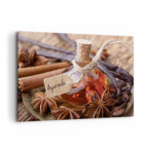Obraz na płótnie - Butelka olejku z przyprawami na tacy - 100x70cm - Ku jedności ciała i ducha - Nowoczesna dekoracja ścienna do salonu, kuchni i sypialni ARTTOR