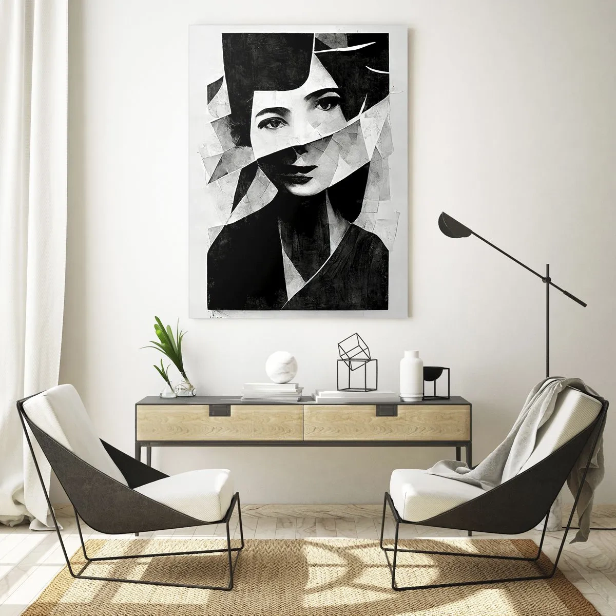 Obraz na szkle - Abstrakcyjny czarno-biały portret kobiety o geometrycznej formie - 80x120cm - Naprawdę jaka jesteś… - Nowoczesna dekoracja ścienna do salonu i sypialni ARTTOR