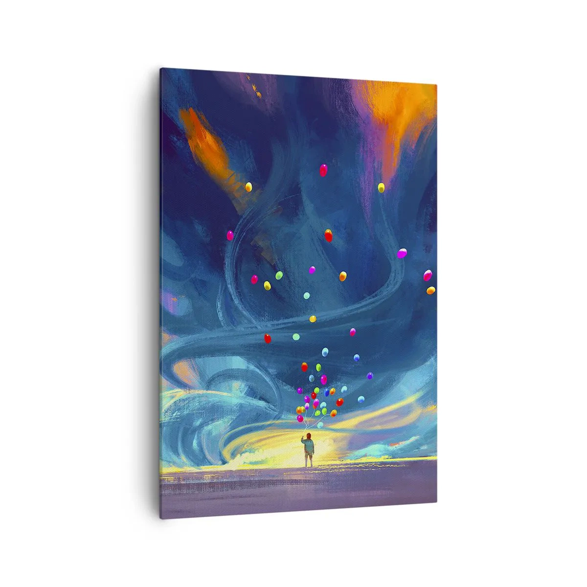 Obraz na płótnie - Postać z balonami na tle wirujących, kolorowych chmur - 70x100cm - Na niebieski wiatr - Nowoczesna dekoracja ścienna do salonu i sypialni ARTTOR