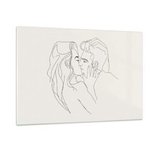 Obraz na szkle - Zmysłowy pocałunek pary w konturze linii - 120x80cm - Splątani uczuciem - Nowoczesna dekoracja ścienna do salonu, kuchni i sypialni ARTTOR
