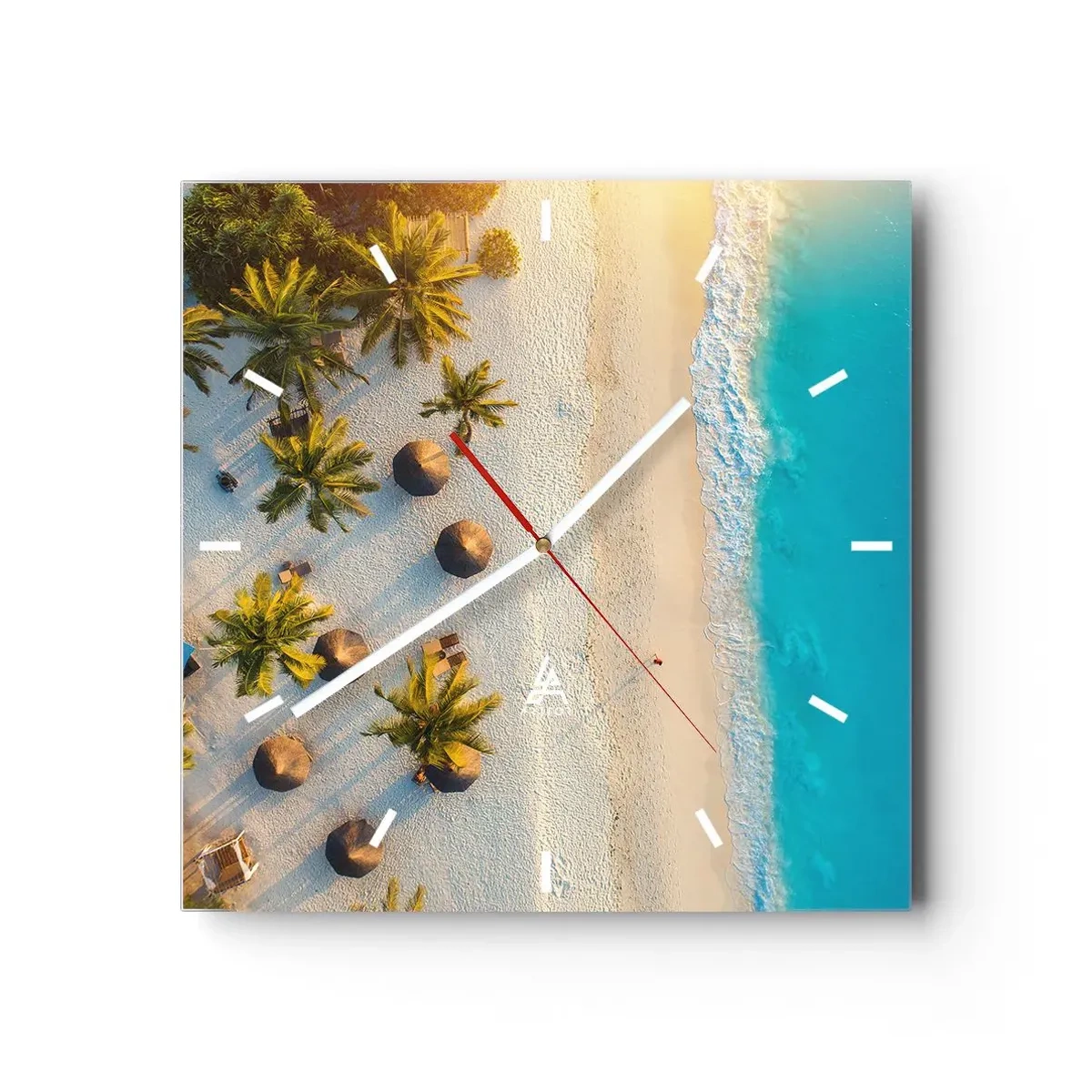 Zegar ścienny - Widok na tropikalną plażę z palmami i turkusowym morzem - 30x30cm - Witaj w raju - Nowoczesna dekoracja ścienna do salonu i sypialni ARTTOR