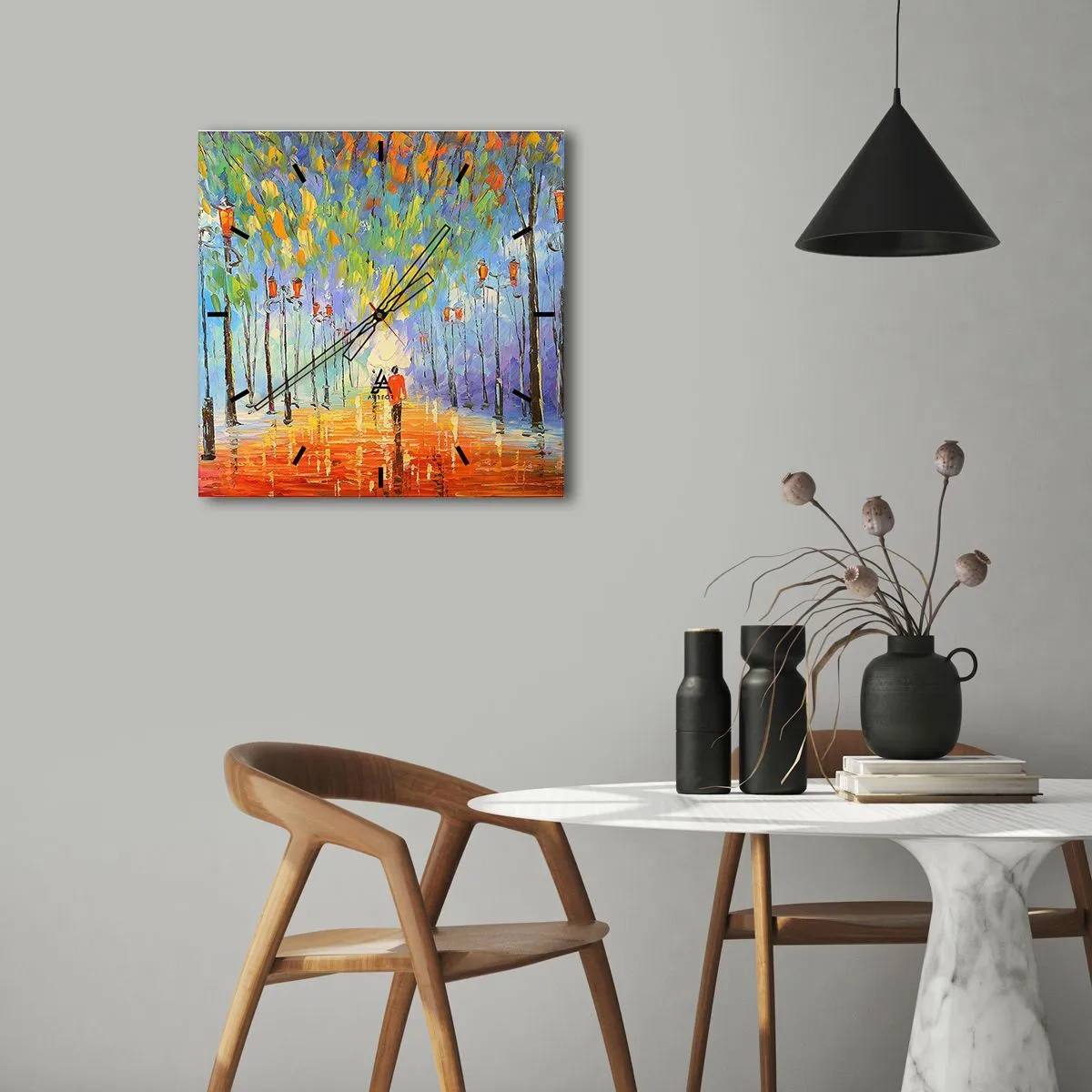 Zegar ścienny - Malowniczy spacer wśród latarni w deszczową noc - 30x30cm - Nocna piosenka deszczu - Nowoczesna dekoracja ścienna do salonu i sypialni ARTTOR