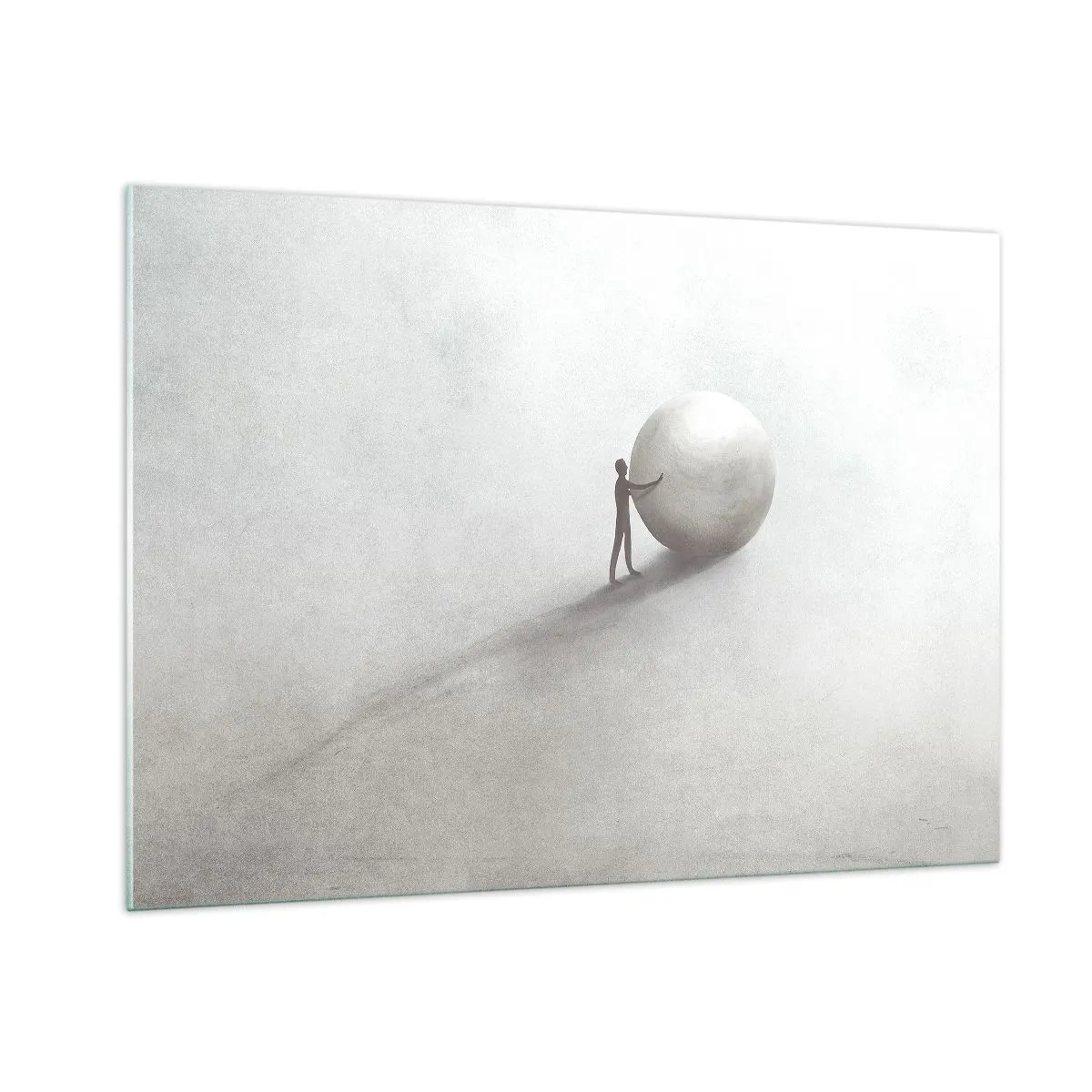 Obraz na szkle - Minimalistyczna sylwetka człowieka z dużą kulą na jasnym tle - 100x70cm - Gra życia - Nowoczesna dekoracja ścienna do salonu, kuchni i sypialni ARTTOR