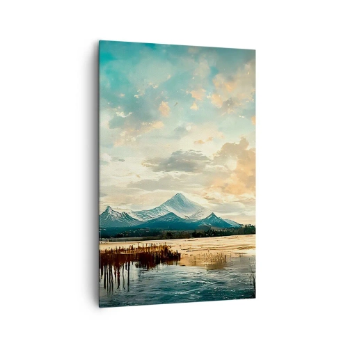 Obraz na płótnie - Malowniczy krajobraz z górą i spokojnym jeziorem - 80x120cm - Pod opieką nieba - Nowoczesna dekoracja ścienna do salonu i sypialni ARTTOR