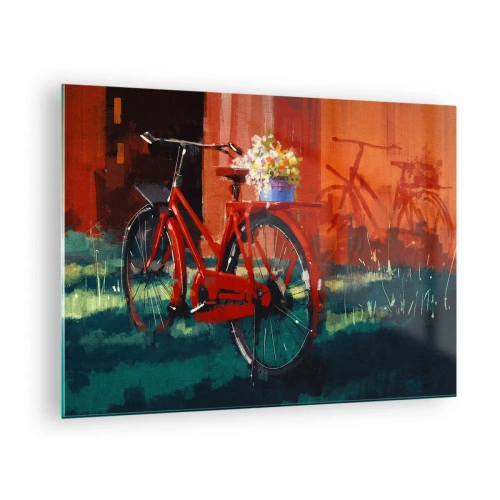Obraz na szkle - Czerwony rower z kwiatami na tle czerwonego budynku - 70x50cm - I want to ride my bicycle - Nowoczesna dekoracja ścienna do salonu i sypialni ARTTOR