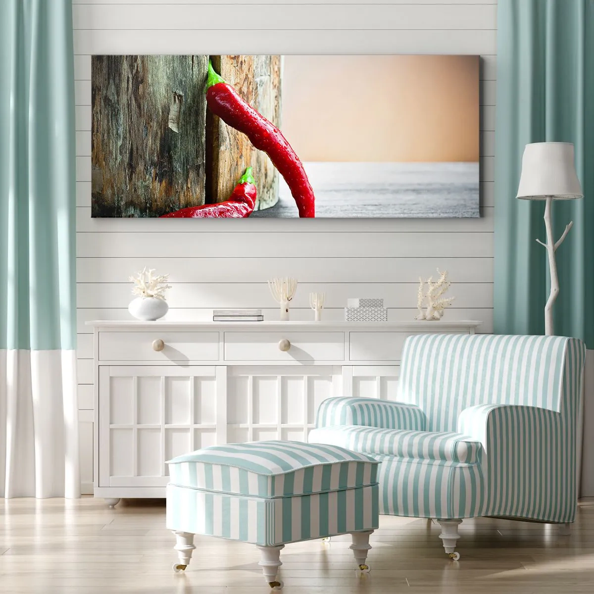 Obraz na płótnie - Dwie czerwone papryczki chili na drewnianym tle z rustykalnym akcentem - 140x50cm - Red hot chili peppers - Nowoczesna dekoracja ścienna do salonu i sypialni ARTTOR