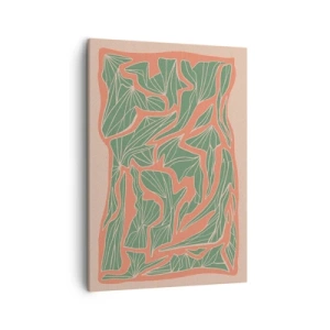 Obraz na płótnie - Stylizowane liście na tle w odcieniach koralu i beżu - 50x70cm - Zmagania koralu i zieleni - Nowoczesna dekoracja ścienna do salonu, kuchni i sypialni ARTTOR