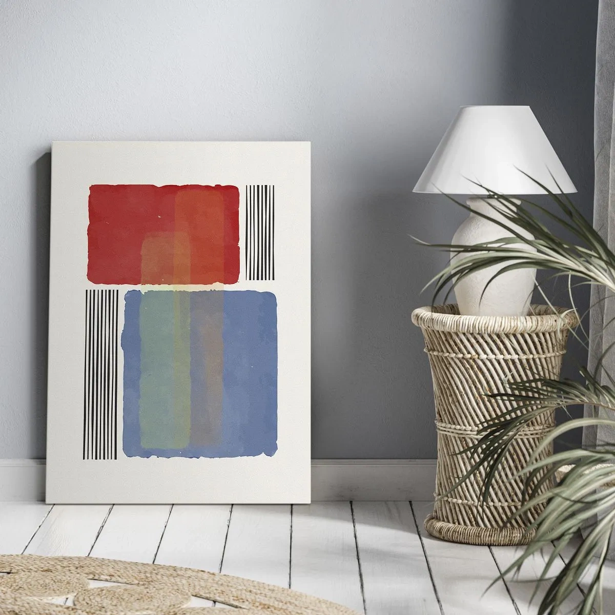 Obraz na płótnie - Geometryczna kompozycja z kolorowymi blokami i liniami - 70x100cm - Duch i litera geometrii - Nowoczesna dekoracja ścienna do salonu i sypialni ARTTOR