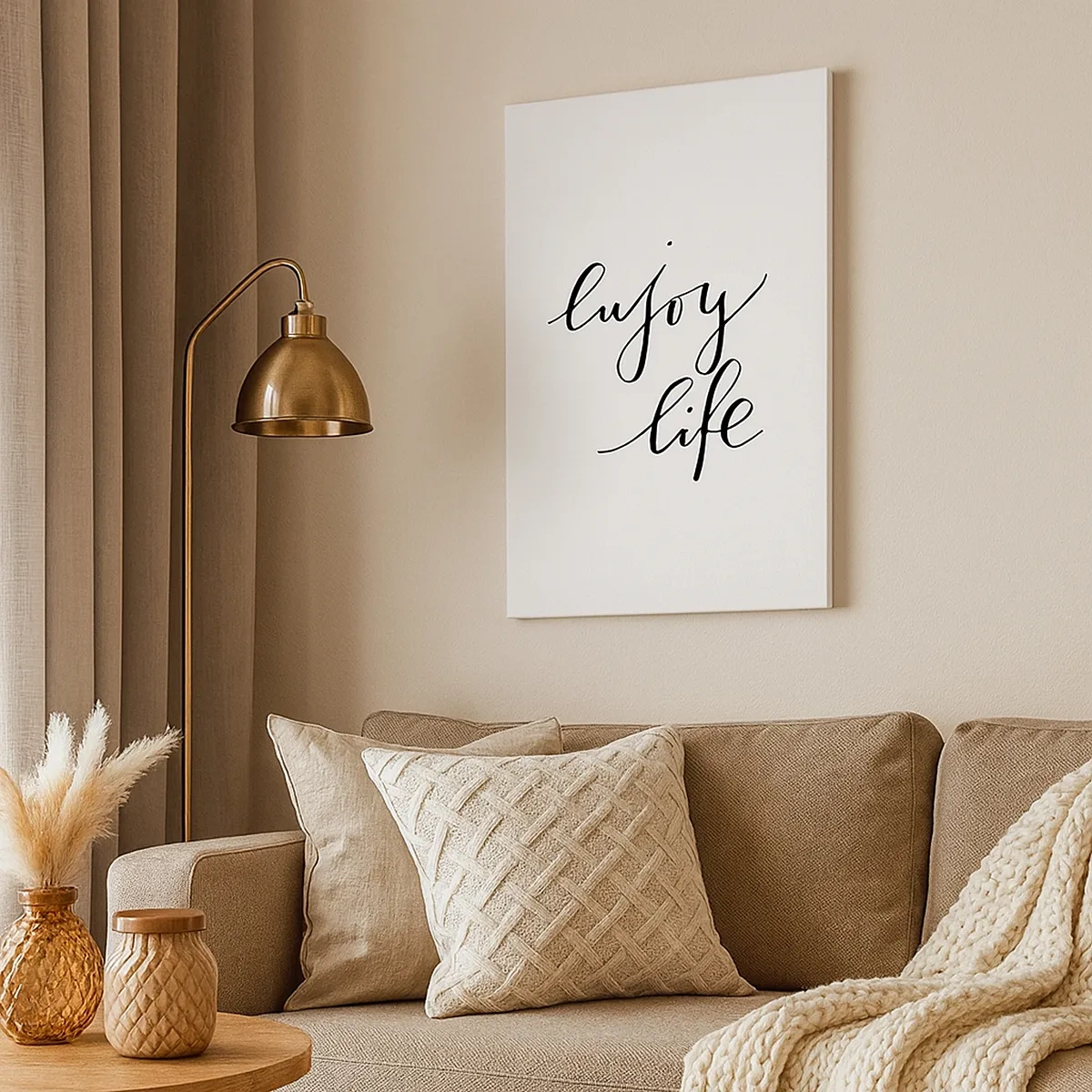 Obraz na płótnie - Minimalistyczny napis 'Enjoy Life' na białym tle - 50x70cm - Nic dodać… - Nowoczesna dekoracja ścienna do salonu, kuchni i sypialni ARTTOR