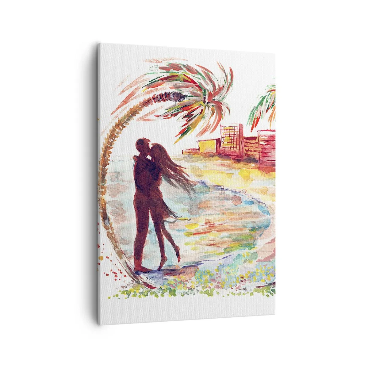 Obraz na płótnie - Para kochanków pod palmą na plaży, malowana akwarelą w ciepłych odcieniach - 50x70cm - Romantyczne wakacje - Nowoczesna dekoracja ścienna do salonu, kuchni i sypialni ARTTOR