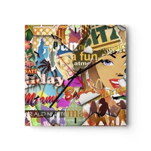 Zegar ścienny - Kolorowy kolaż z elementami retro i pop-art - 30x30cm - Wakacyjne retrospekcje - Nowoczesna dekoracja ścienna do salonu i sypialni ARTTOR