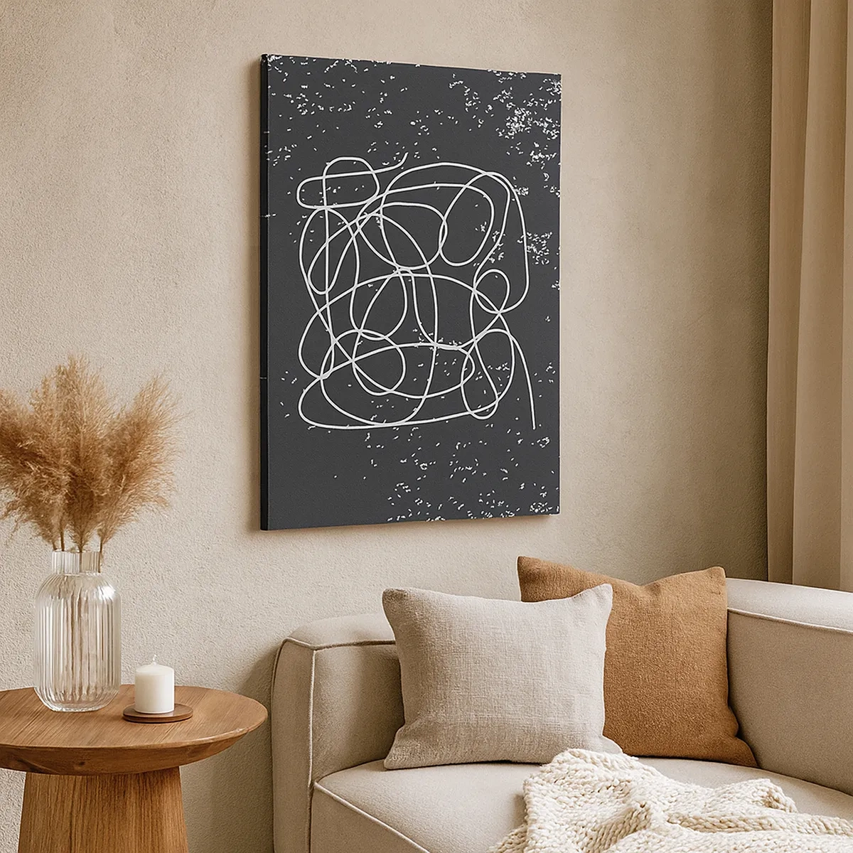 Obraz na płótnie - Abstrakcyjna kompozycja białych linii na ciemnym tle - 50x70cm - Błądzenie myśli - Nowoczesna dekoracja ścienna do salonu, kuchni i sypialni ARTTOR