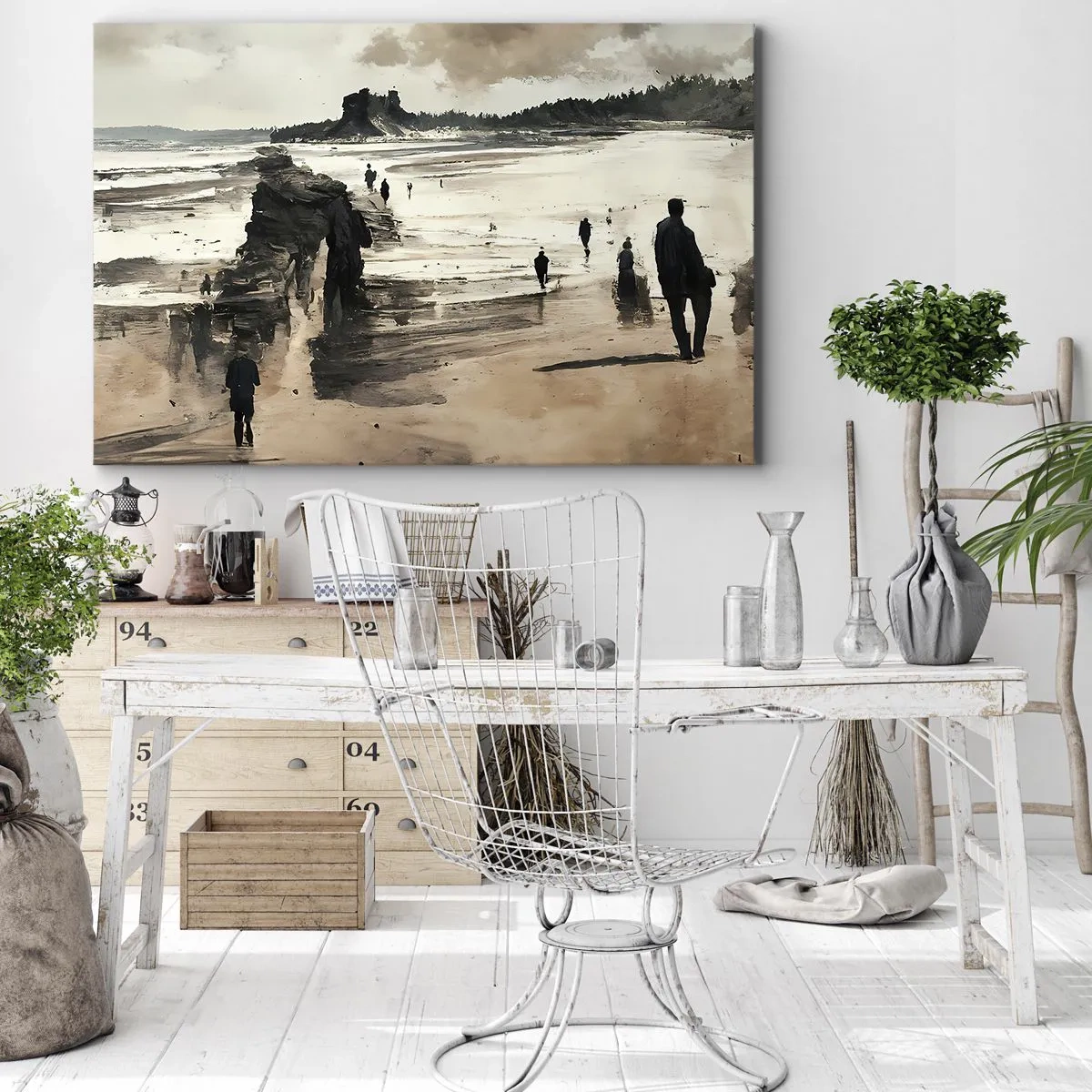 Obraz na płótnie - Spacerowicze na plaży w spokojnym pejzażu - 70x50cm - Przywołani - Nowoczesna dekoracja ścienna do salonu i sypialni ARTTOR