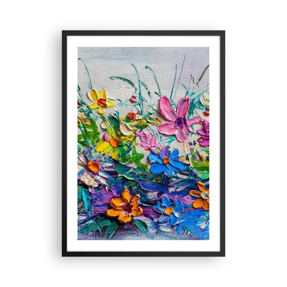 Plakat w czarnej ramie - Kwiatowa kompozycja malowana grubą fakturą i żywymi kolorami - 50x70cm - Wcale nie-martwa natura - Nowoczesna dekoracja ścienna do salonu i sypialni ARTTOR