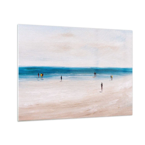 Obraz na szkle - Spokojna plaża z sylwetkami ludzi spacerujących przy linii morza - 70x50cm - Naturalna potrzeba - Nowoczesna dekoracja ścienna do salonu i sypialni ARTTOR