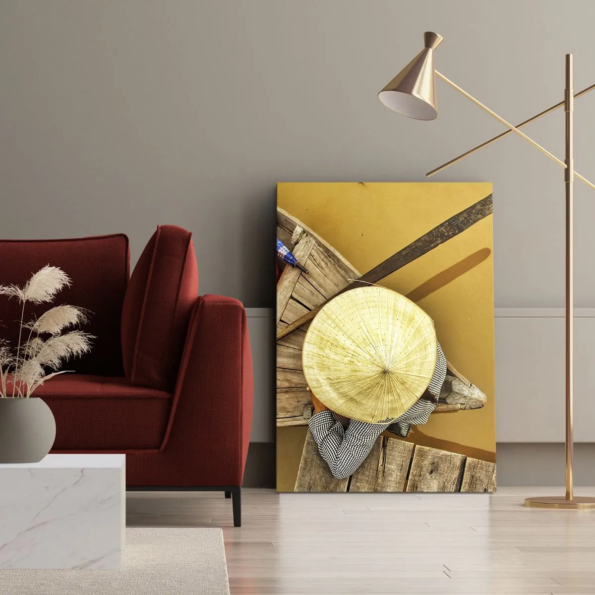 Obraz na płótnie - Osoba w tradycyjnym kapeluszu na drewnianej łodzi na żółtej wodzie - 50x70cm - Życie na żółtej rzece - Nowoczesna dekoracja ścienna do salonu, kuchni i sypialni ARTTOR