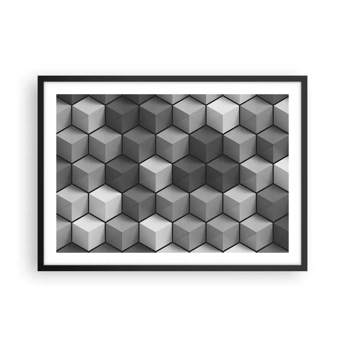 Plakat w czarnej ramie - Geometryczna kompozycja kostek w odcieniach szarości i czerni - 70x50cm - Kubistyczna układanka - Nowoczesna dekoracja ścienna do salonu i sypialni ARTTOR