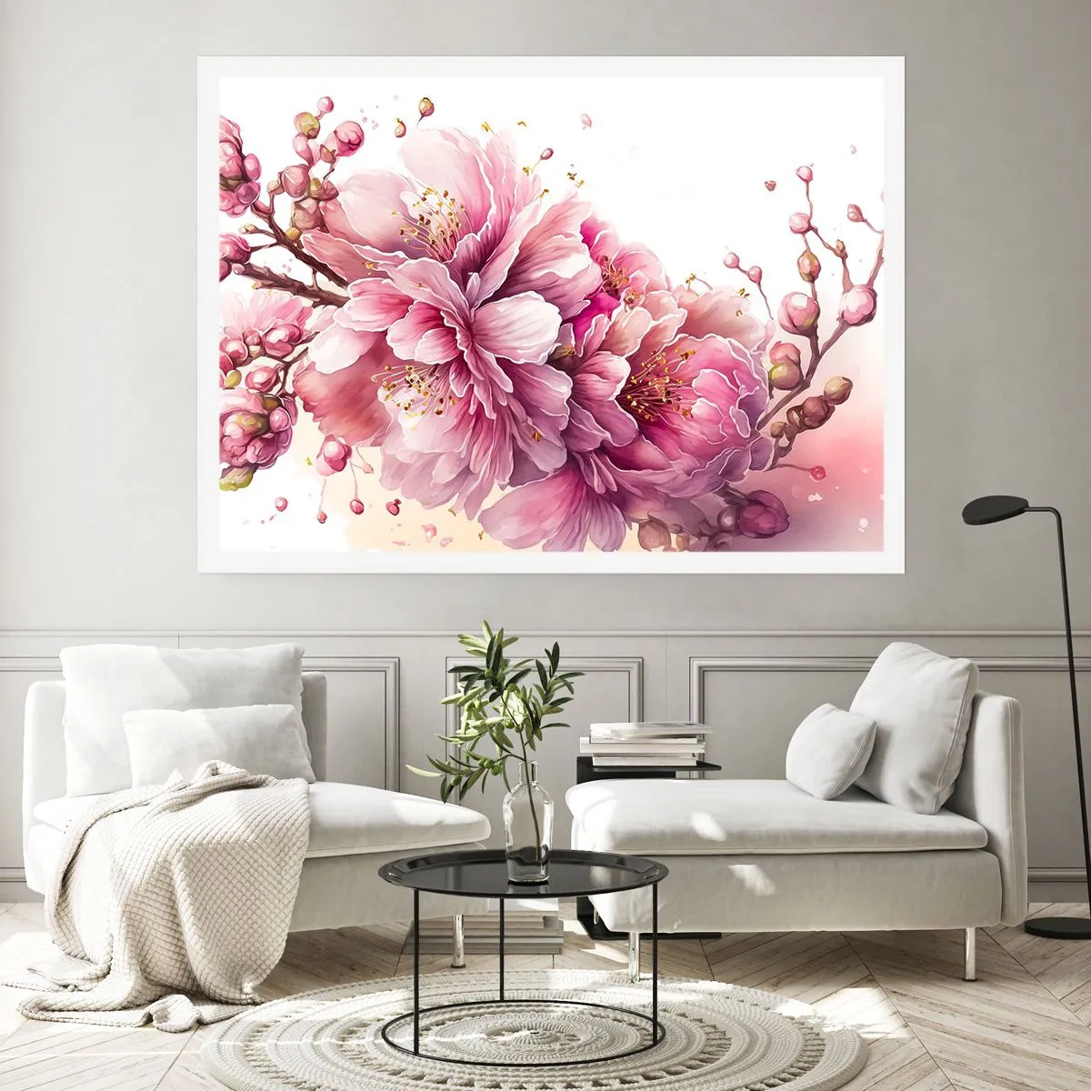Plakat - Delikatne kwiaty wiśni w pełnym rozkwicie na jasnym tle - 100x70cm - Kwiat kwitnącej wiśni - Nowoczesna dekoracja ścienna do salonu i sypialni ARTTOR