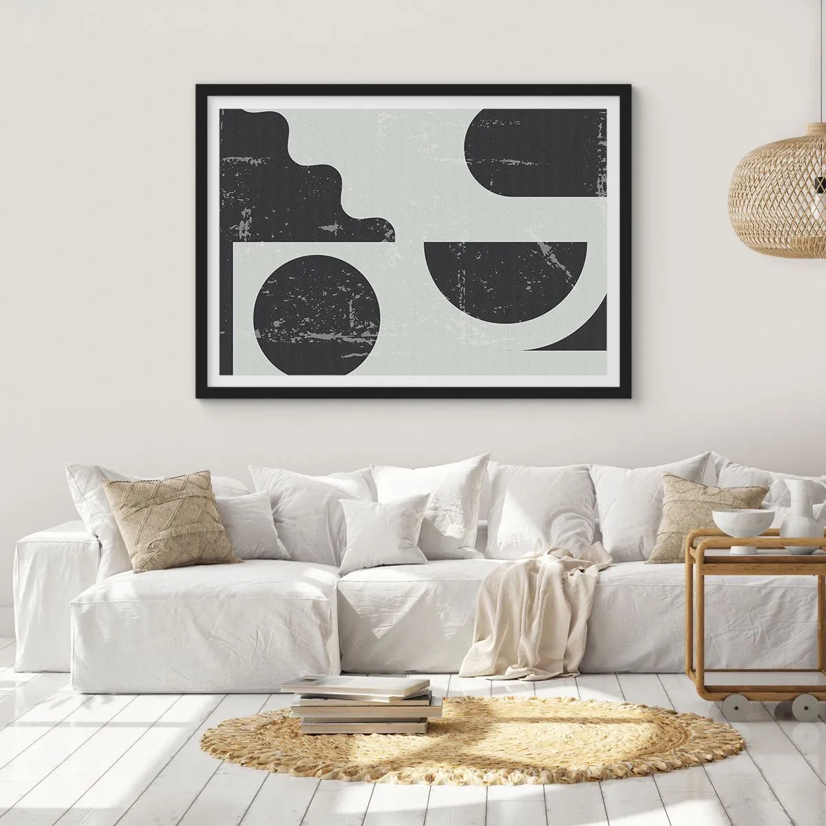 Plakat w czarnej ramie - Geometryczne wzory w odcieniach czerni i szarości - 70x50cm - Kompozycja ponad i pod - Nowoczesna dekoracja ścienna do salonu i sypialni ARTTOR