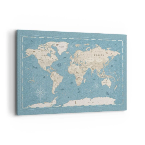 Obraz na płótnie - Dekoracyjna mapa świata w odcieniach niebieskiego i beżu - 120x80cm - Świat w zasięgu ręki - Nowoczesna dekoracja ścienna do salonu, kuchni i sypialni ARTTOR