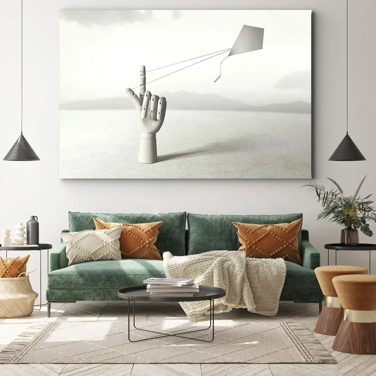 Obraz na płótnie - Minimalistyczna ręka drewniana z latawcem na tle pejzażu - 70x50cm - Próba sił - Nowoczesna dekoracja ścienna do salonu i sypialni ARTTOR